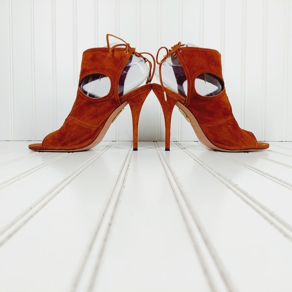Aquazzura Brown Suede Cut Out Open Toe Lace Back Ankle Boots Sandals Heels B178 - Picture 7 of 12